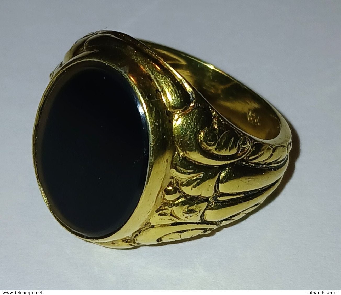 Wunderschöner Herrenring 835er Silber -Feuervergoldet Mit Wunderbaren Schwarzen Ovalen Stein, Kl. Kratzer, I-II - Ring