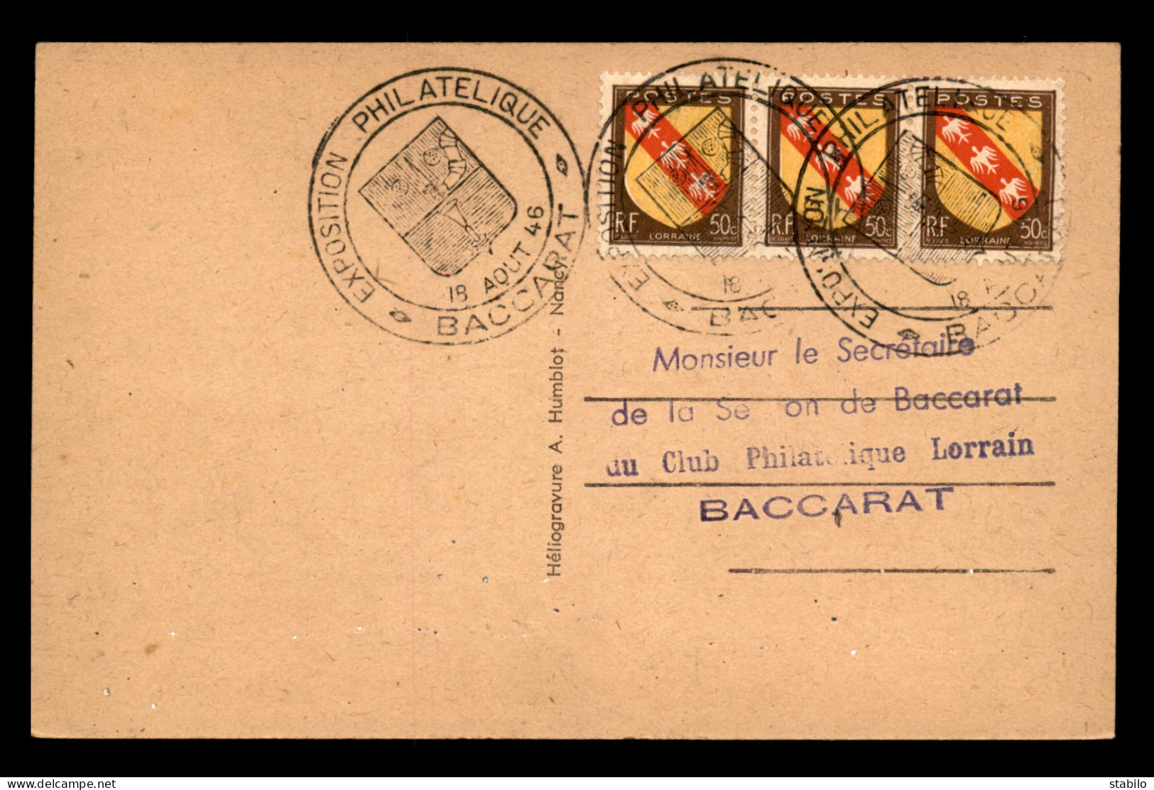 54 - BACCARAT - SON CRISTAL - CARTE ILLUSTREE - CACHET EXPOSITION PHILATELIQUE AOUT 1946 - Baccarat