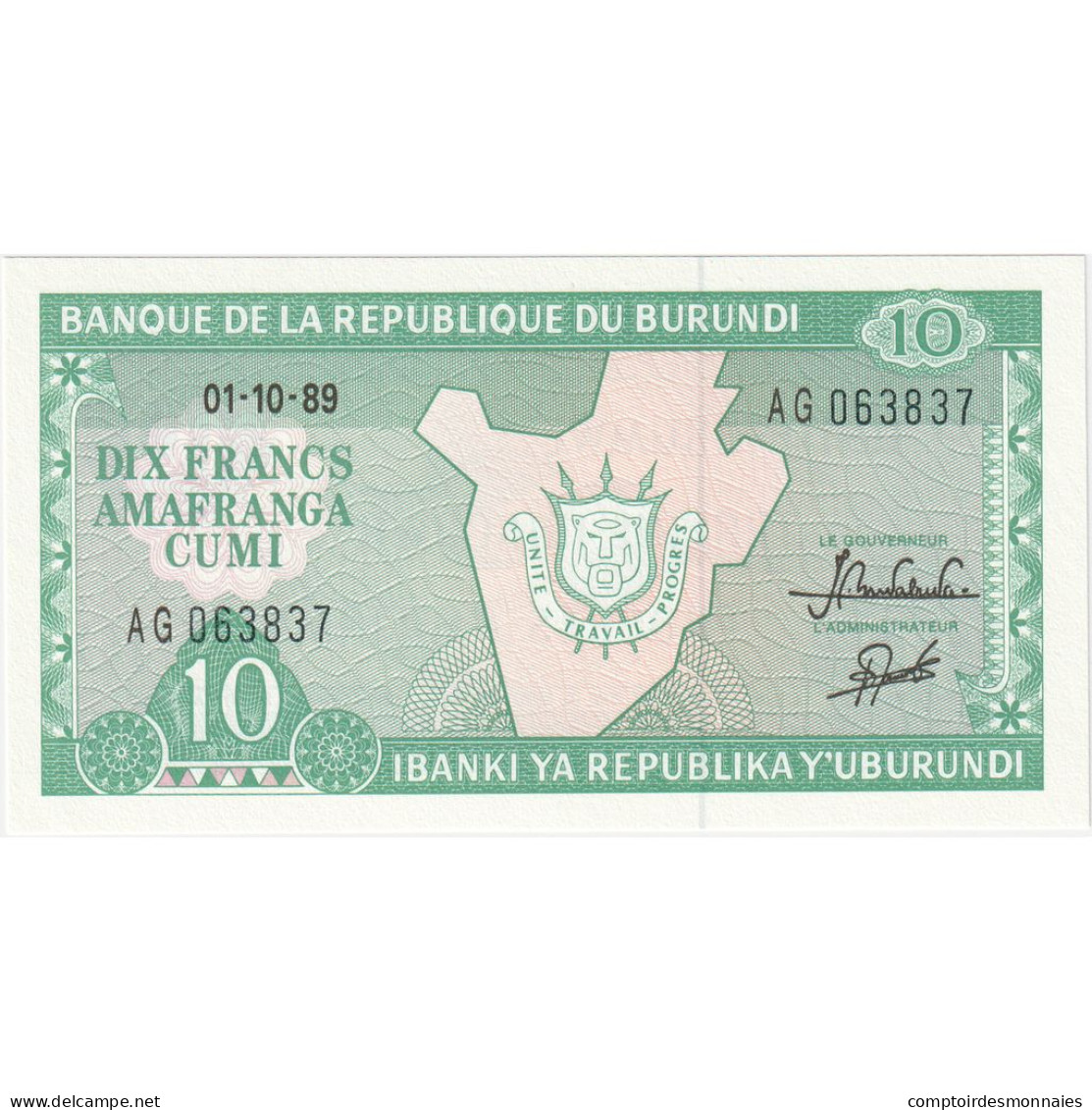 Billet, Burundi, 10 Francs, 1989, 1989-10-01, KM:33b, NEUF - Burundi
