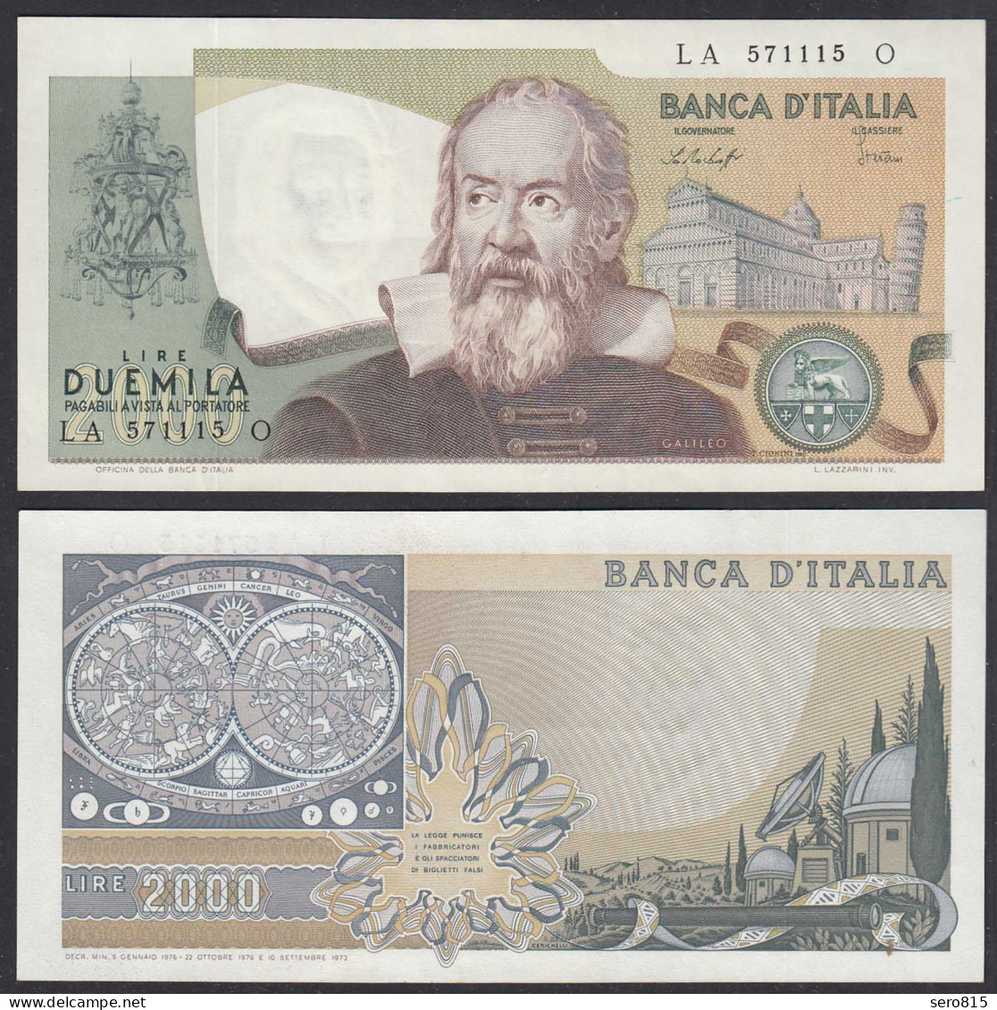 Italien - Italy - 2000 Lire 1976 Pick 103b UNC (1)  GALILEO GALILEI  (28152 - Autres & Non Classés