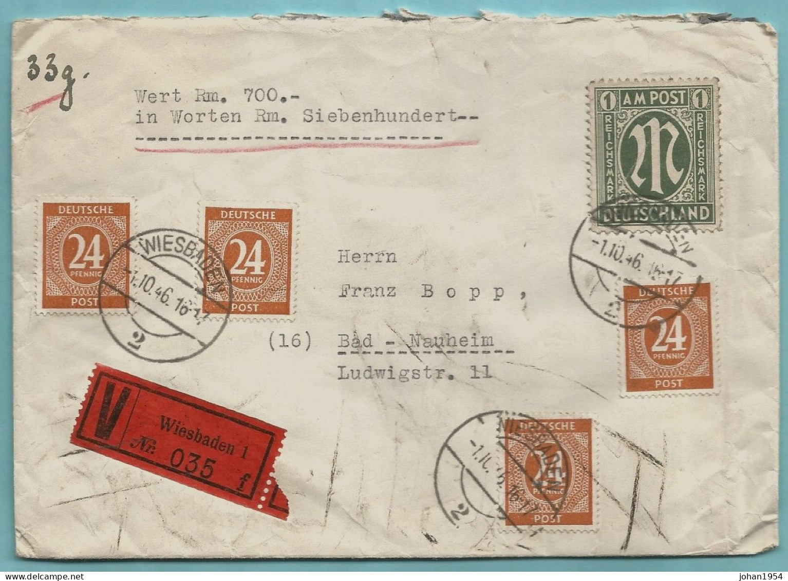 WERTBRIEF 700 DM - WIESBADEN 01/10/1946 To BAD NAUHEIM 02/10/1946 - Lettres & Documents