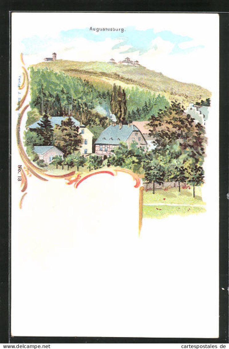 Lithographie Augustusburg, Ortsansicht Im Sonnenschein  - Augustusburg