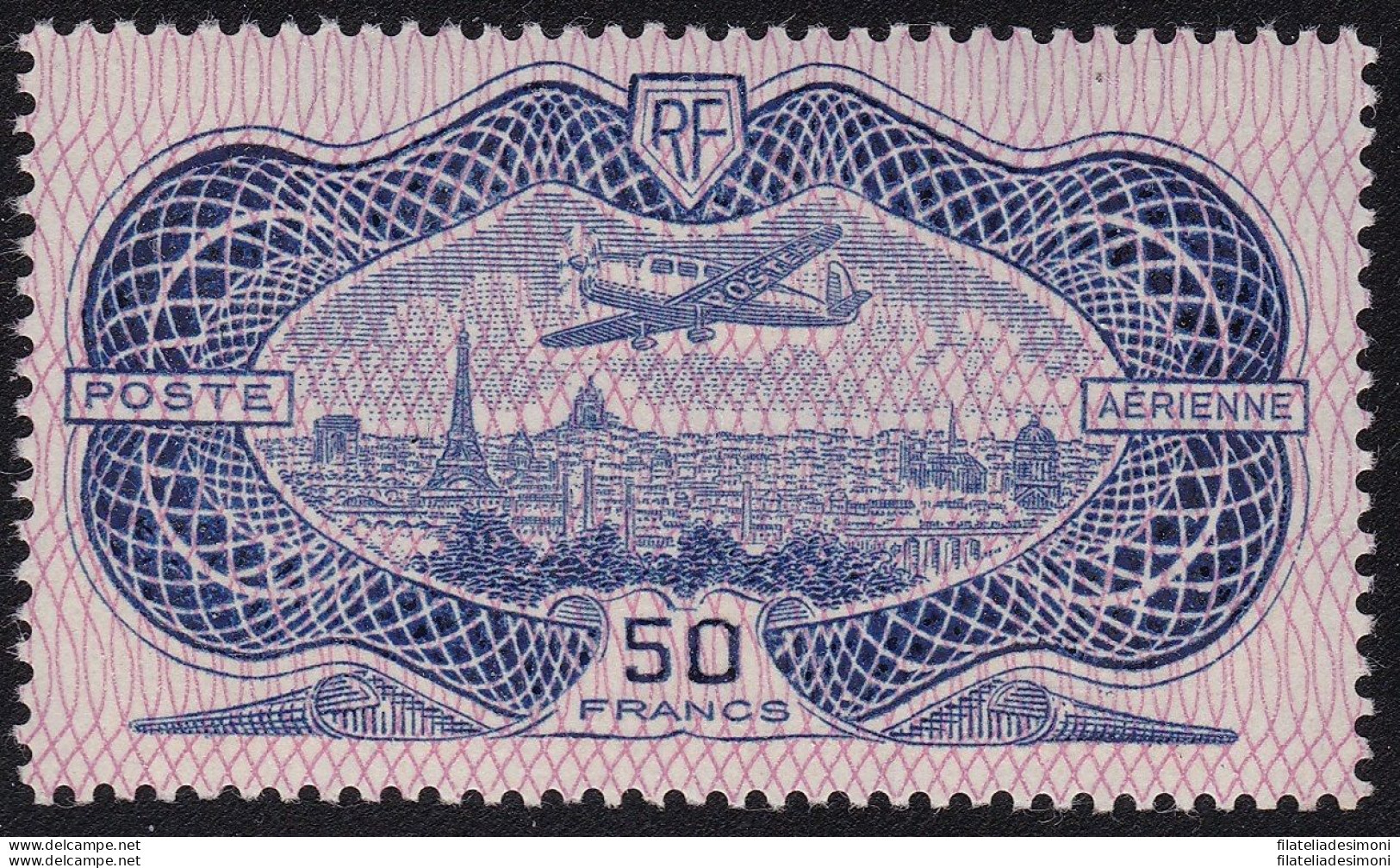 1936 FRANCIA -  Posta Aerea , N° 15 , 50 Franchi , Burelè , Aereo Che Sorvola - Autres & Non Classés