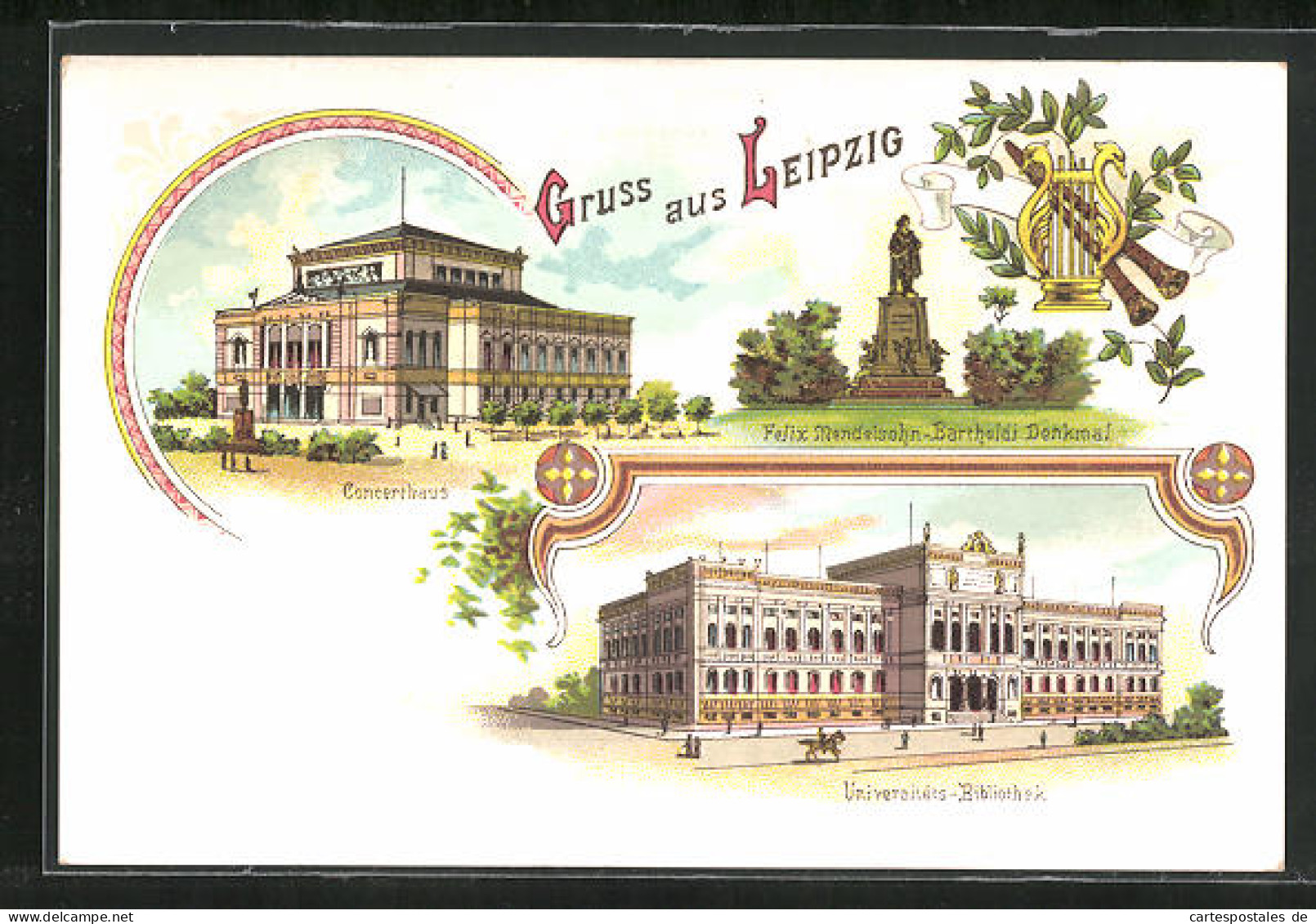 Lithographie Leipzig, Concerthaus, Universitäts-Bibliothek, Felix Mendesohn-Bartholdi-Denkmal  - Leipzig