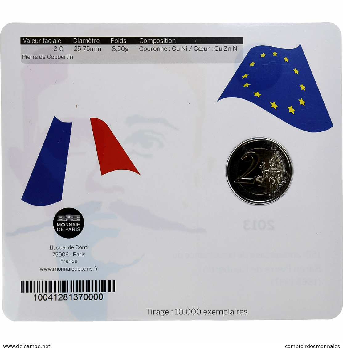 France, 2 Euro, Pierre De Coubertin, 2013, MDP, Bimétallique, FDC - Francia