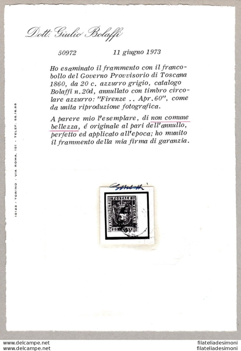 1860 TOSCANA, N° 20b  20 Cent. Azzurro Grigio  Certificato Bolaffi - Toscane