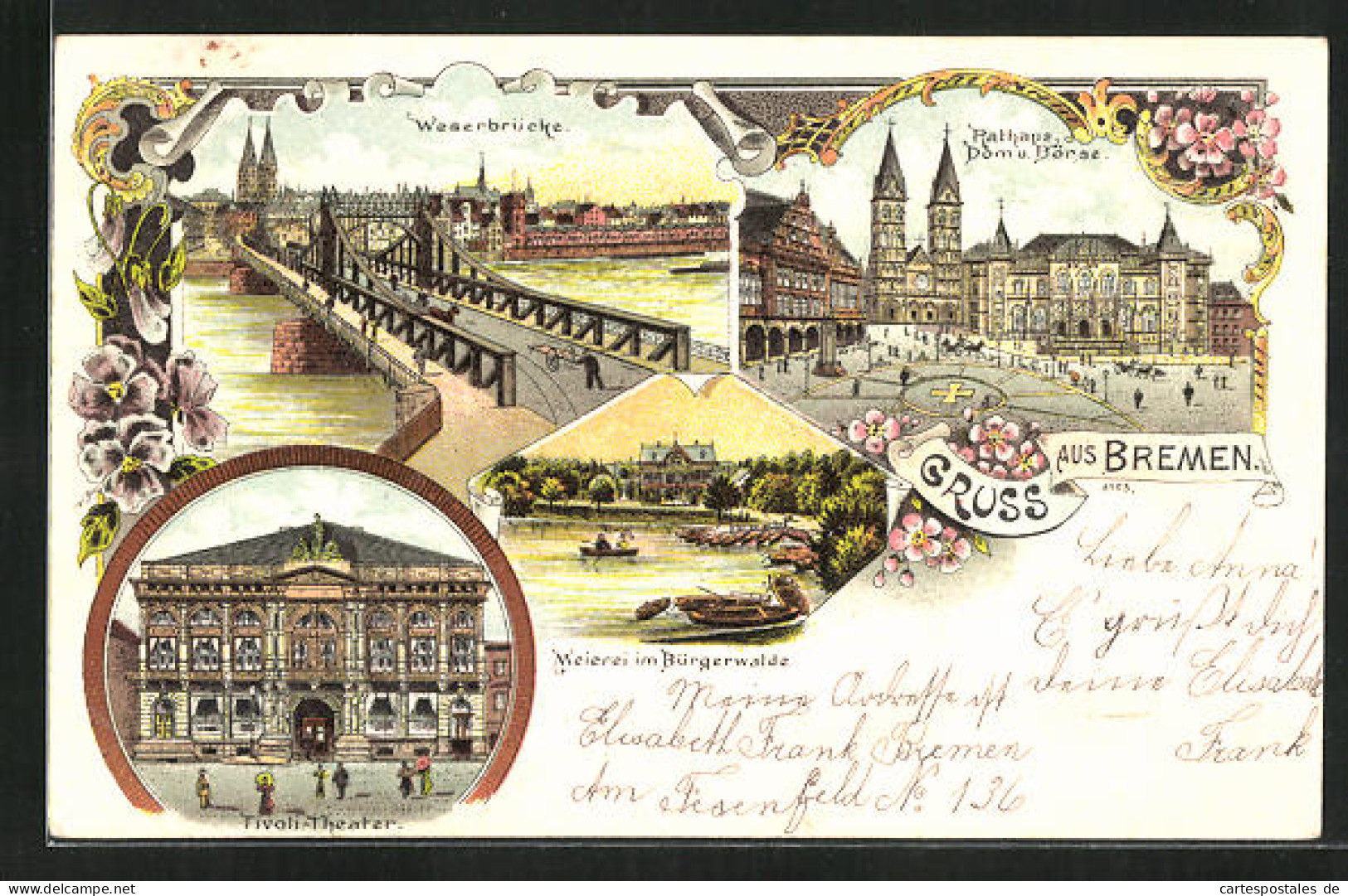 Lithographie Bremen, Meierei Im Bürgerwalde, Tivoli-Theater, Rathaus, Dom U. Börse  - Teatro