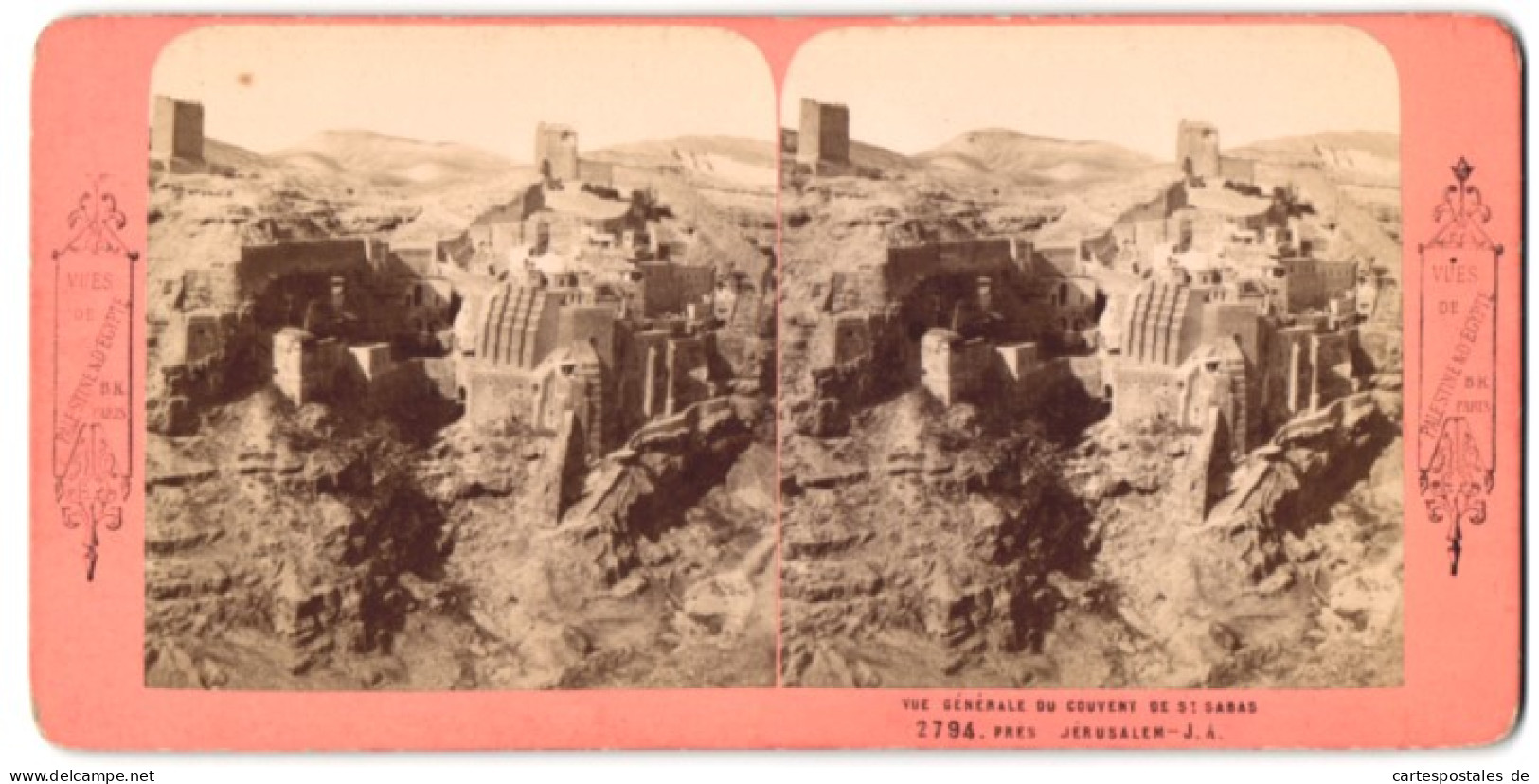 Stereo-Fotografie B. K. Paris, Ansicht Jerusalem, Vue Generale Du Couvent De St. Sabas  - Photos Stéréoscopiques