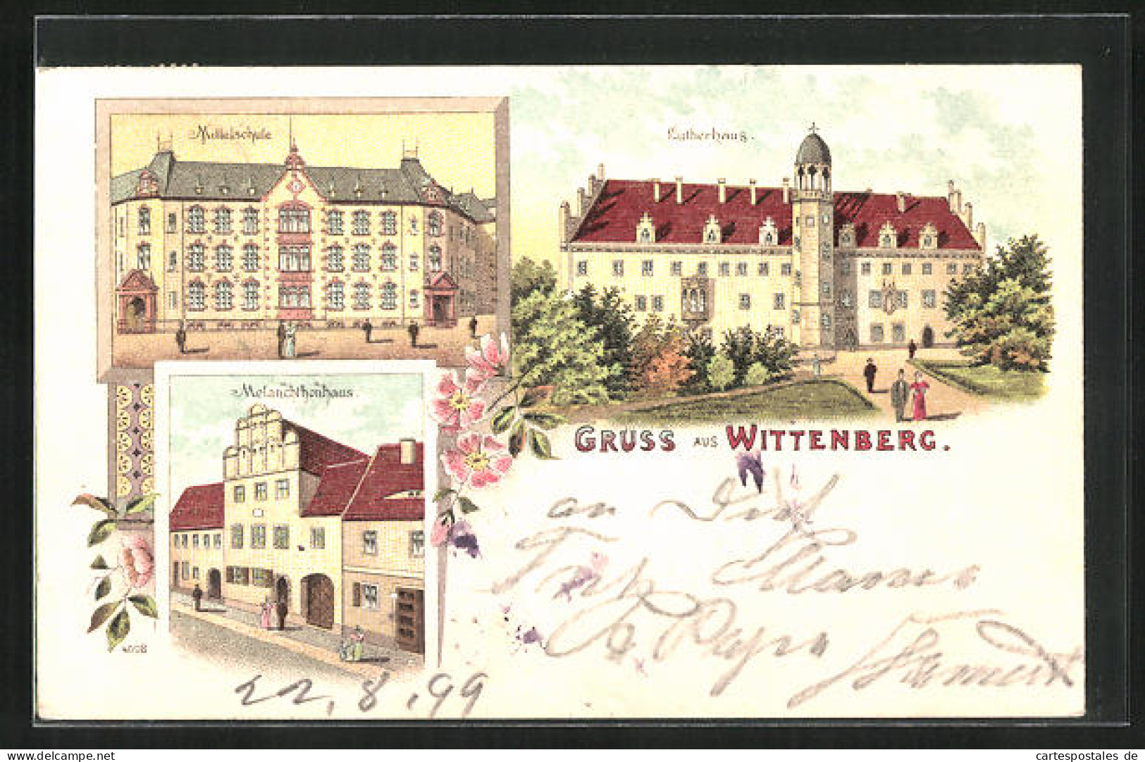 Lithographie Wittenberg, Mittelschule, Lutherhaus, Melanchthonhaus  - Wittenberg