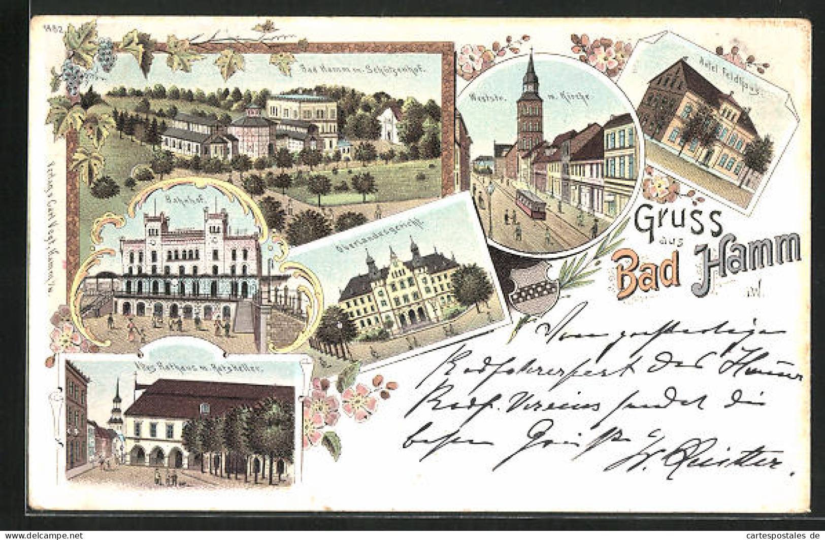 Lithographie Bad Hamm I. W., Hotel Feldhaus, Bahnhof, Weststrasse  - Hamm