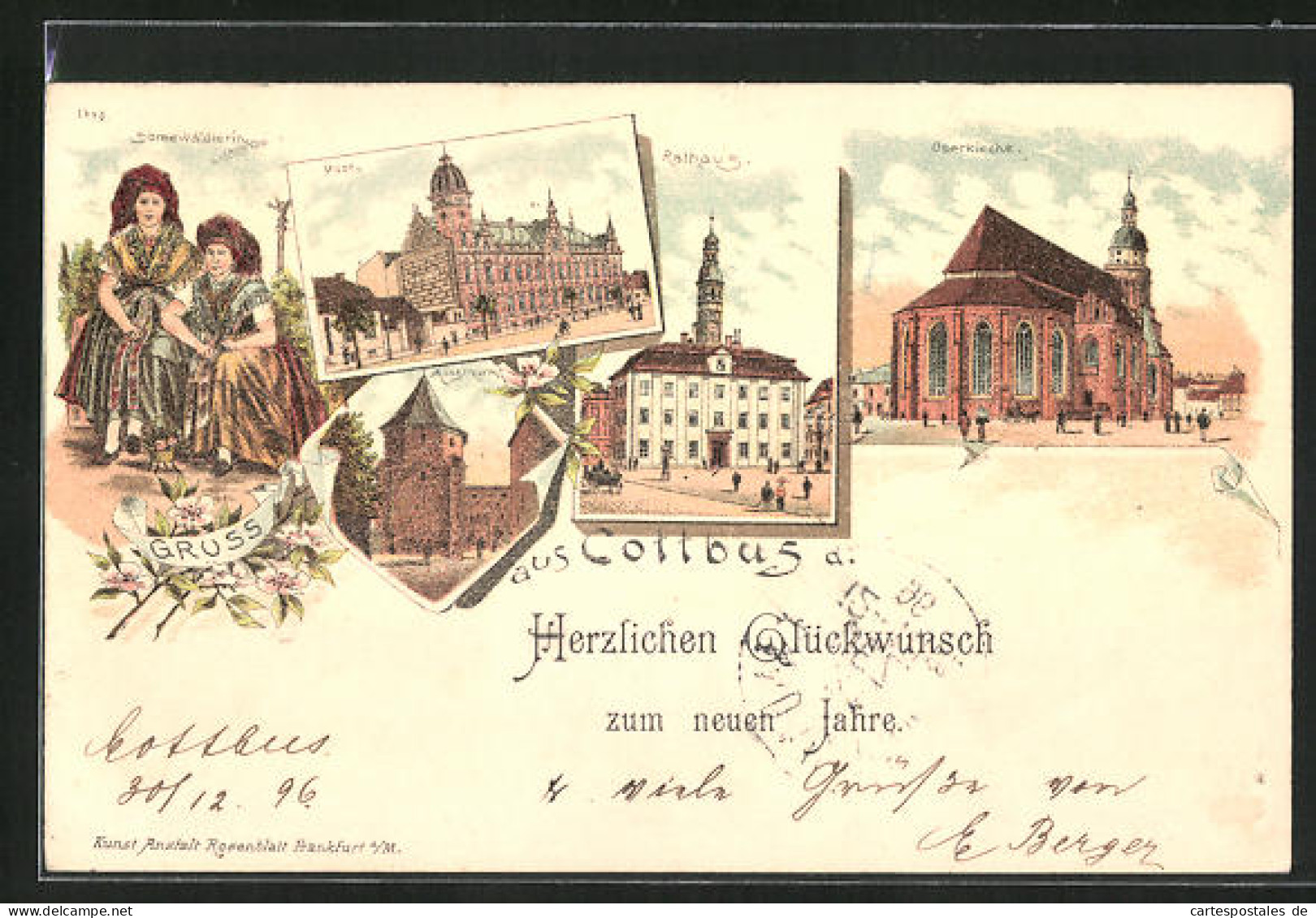 Lithographie Cottbus, Spreewälderin, Oberkirche, Rathaus  - Cottbus