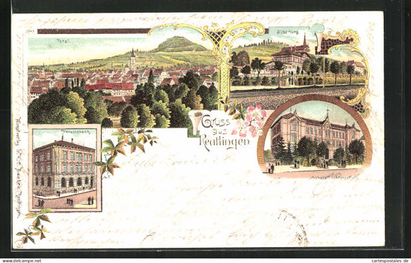 Lithographie Reutlingen, Vereinsbank, Silberburg, Höhere Töchterschule  - Reutlingen