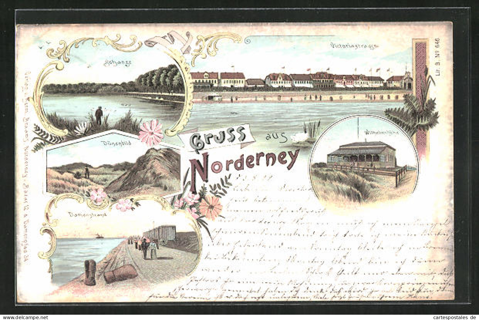 Lithographie Norderney, Schanze, Victoriastrasse, Wilhelmshöhe, Damenstrand  - Norderney