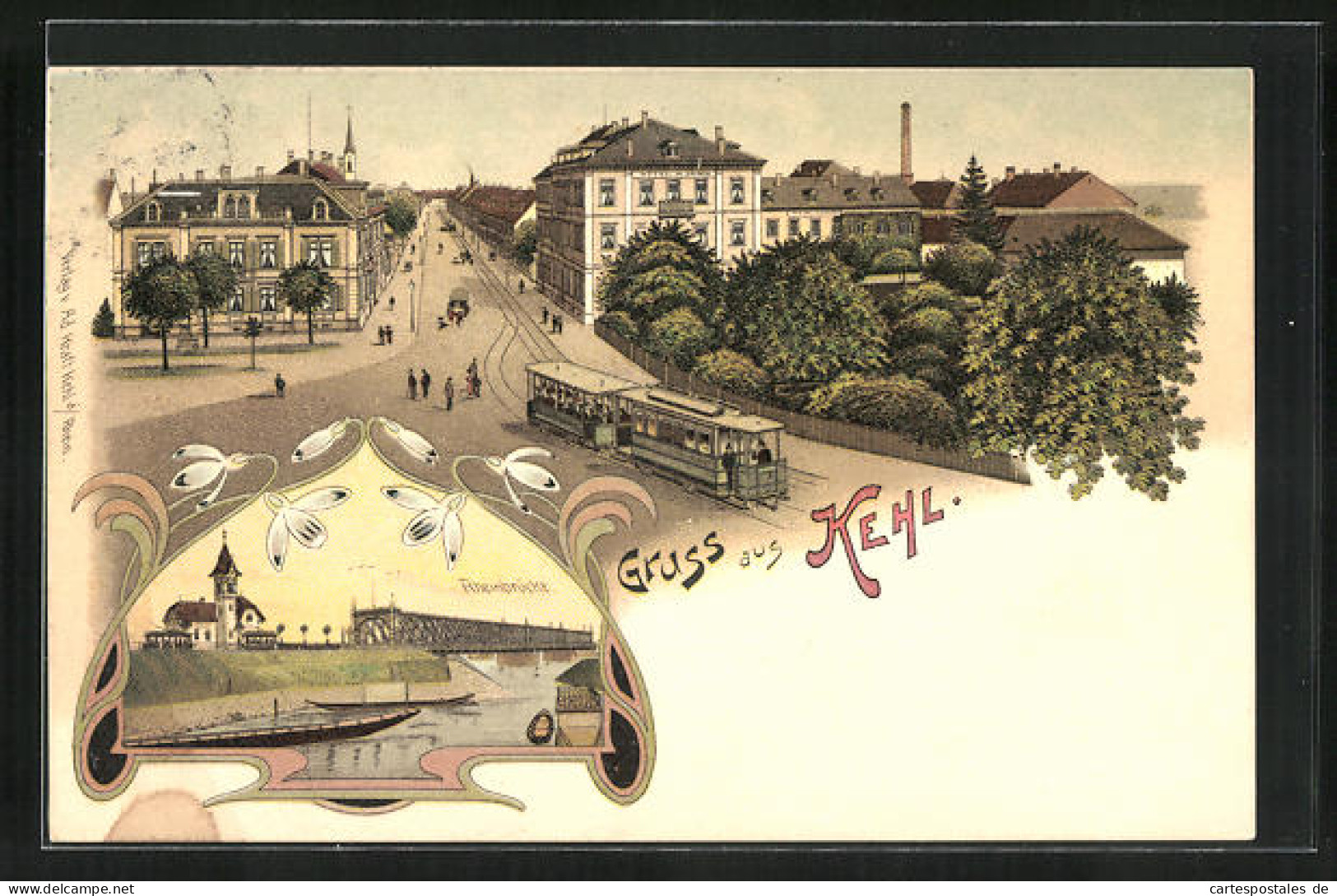 Lithographie Kehl, Strassenpartie Mit Strassenbahn, Rheinbrücke  - Kehl