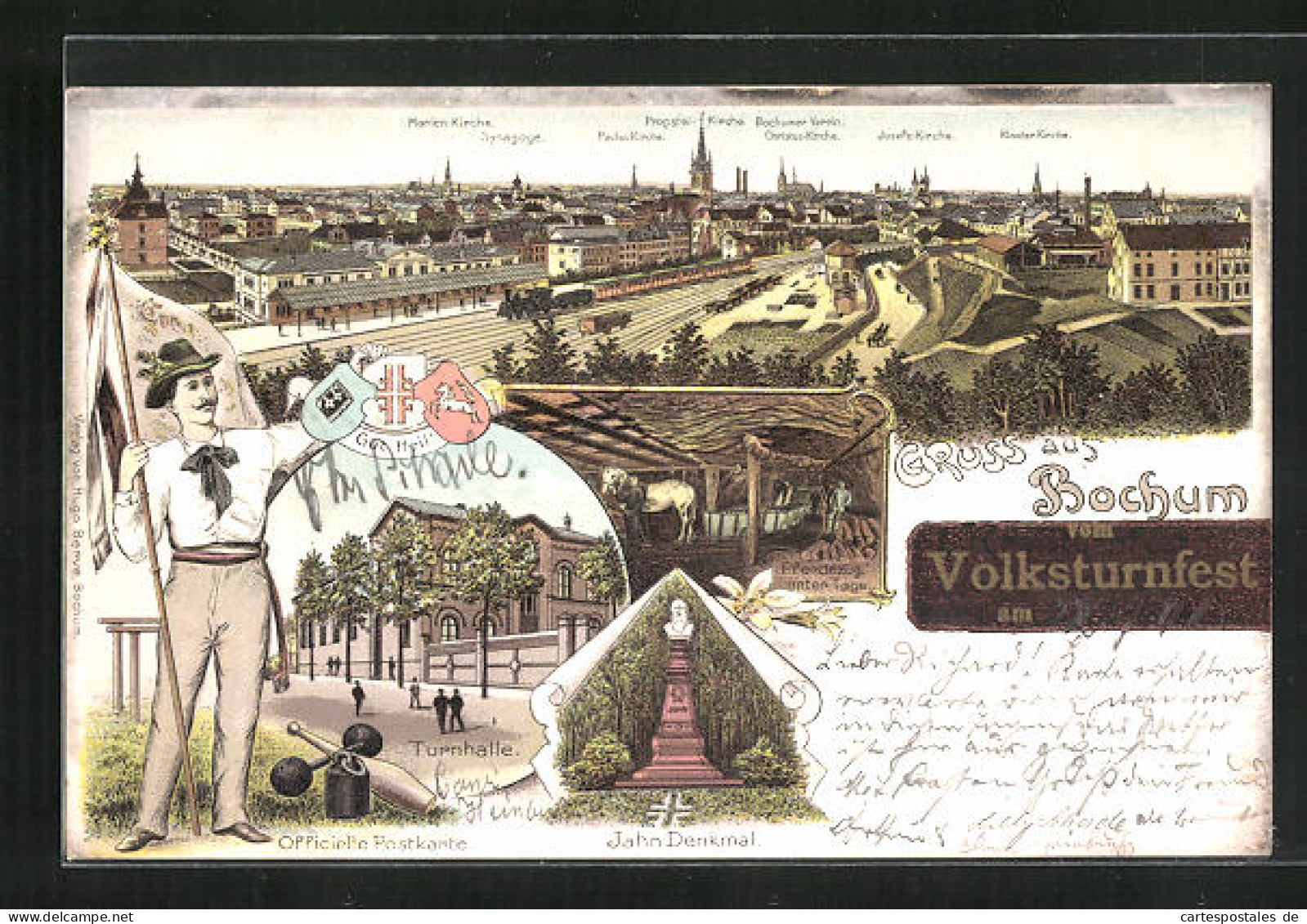 Lithographie Bochum, Volksturnfest, Jahn Denkmal, Turnhalle, Panorama  - Bochum