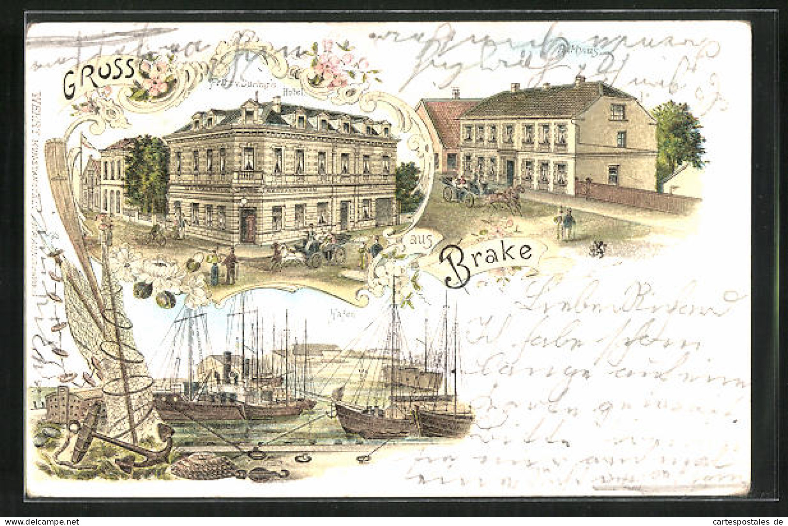 Lithographie Brake, Hafen, Fritz V. Dürings Hotel, Rathaus  - Brake
