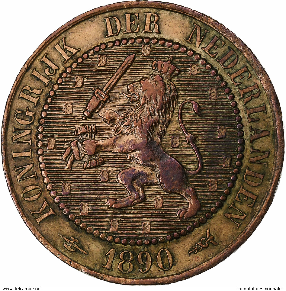 Pays-Bas, Wilhelmina I, 2-1/2 Cent, 1890, Bronze, TTB, KM:108.2 - 2.5 Centavos