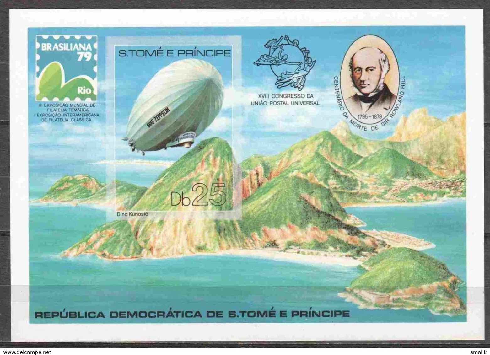 S. TOME E PRINCIPE SAO 1979 - Rowland Hill UPU, Depicting Graf Zeppelin Braziliana'79, IMPERF Miniature Sheet, MNH - Sao Tomé Y Príncipe