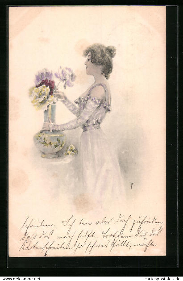 AK Junge Frau Dekoriert Eine Vase Mit Blumen  - Mode