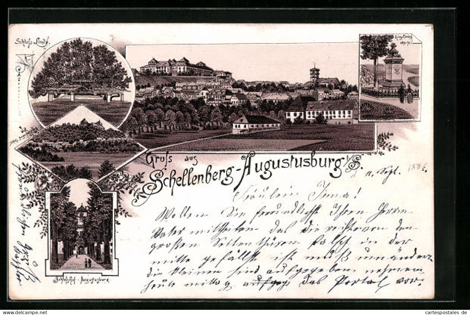 Lithographie Schellenberg-Augustusburg /Sa., Ortsansicht, Schlosshof, Kriegerdenkmal  - Augustusburg