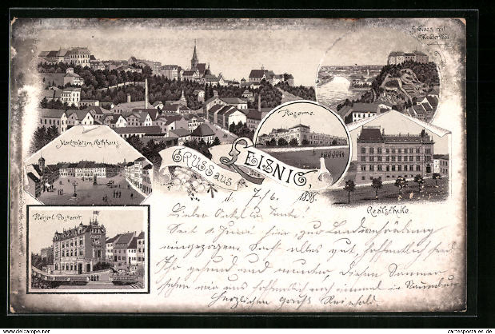 Lithographie Leisnig, Schloss Mit Muldental, Kaserne, Marktplatz Mit Rathaus  - Leisnig