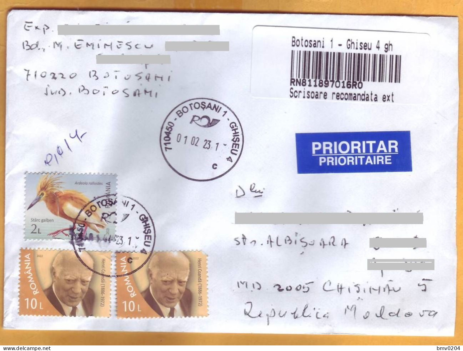Romania To Moldova, R-letter, 3 Used Stamps - Briefe U. Dokumente