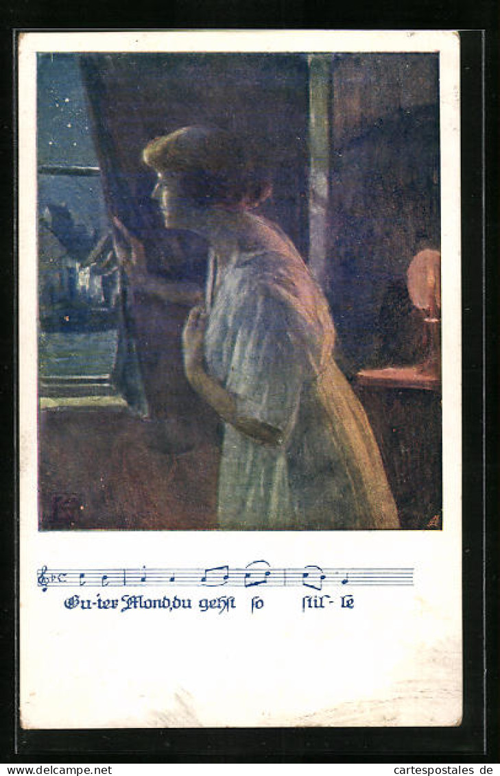 AK Deutscher Schulverein Nr.1380: Frau Erblickt Den Mond Durch Das Fenster  - Guerre 1914-18