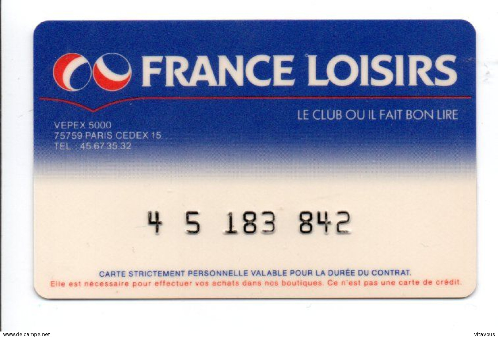 Club France Loisirs Carte France  Card  (K 188) - Tarjetas De Fidelización Y De Regalo