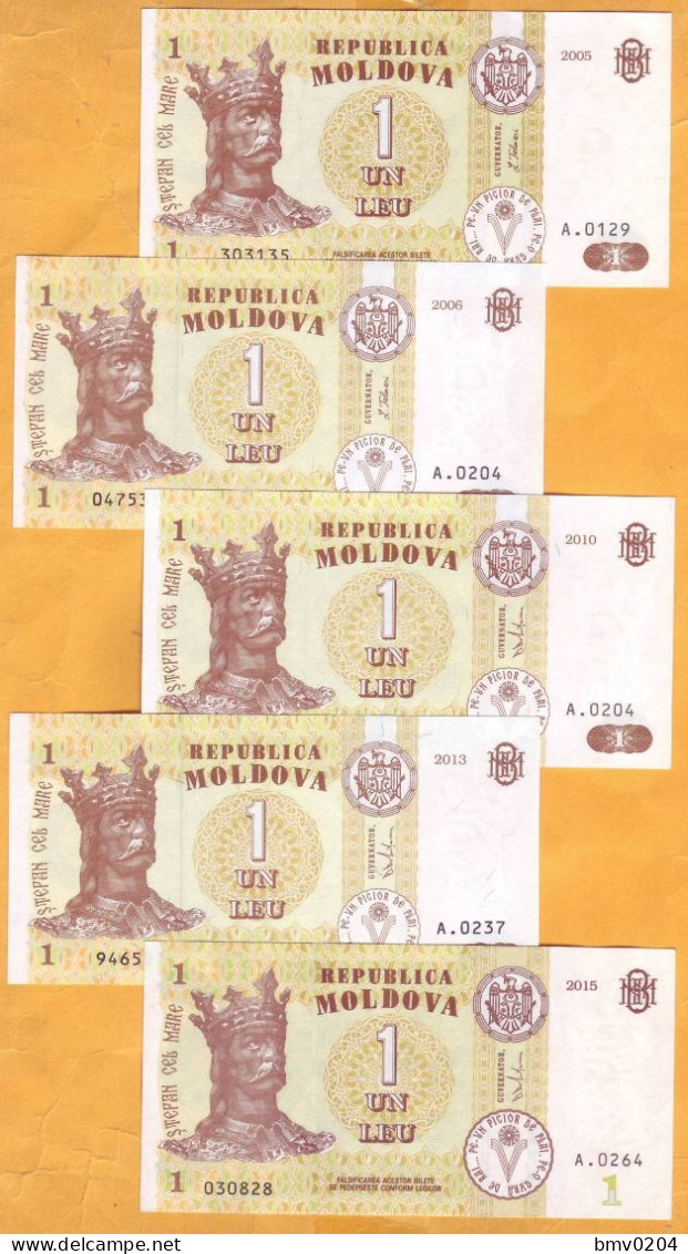 Moldova Moldavie  5 Banknotes = "1 LEI  2005", "1 LEI  2006",  "1 LEI  2010", "1 LEI  2013", "1 LEI  2015" = UNC - Moldavia