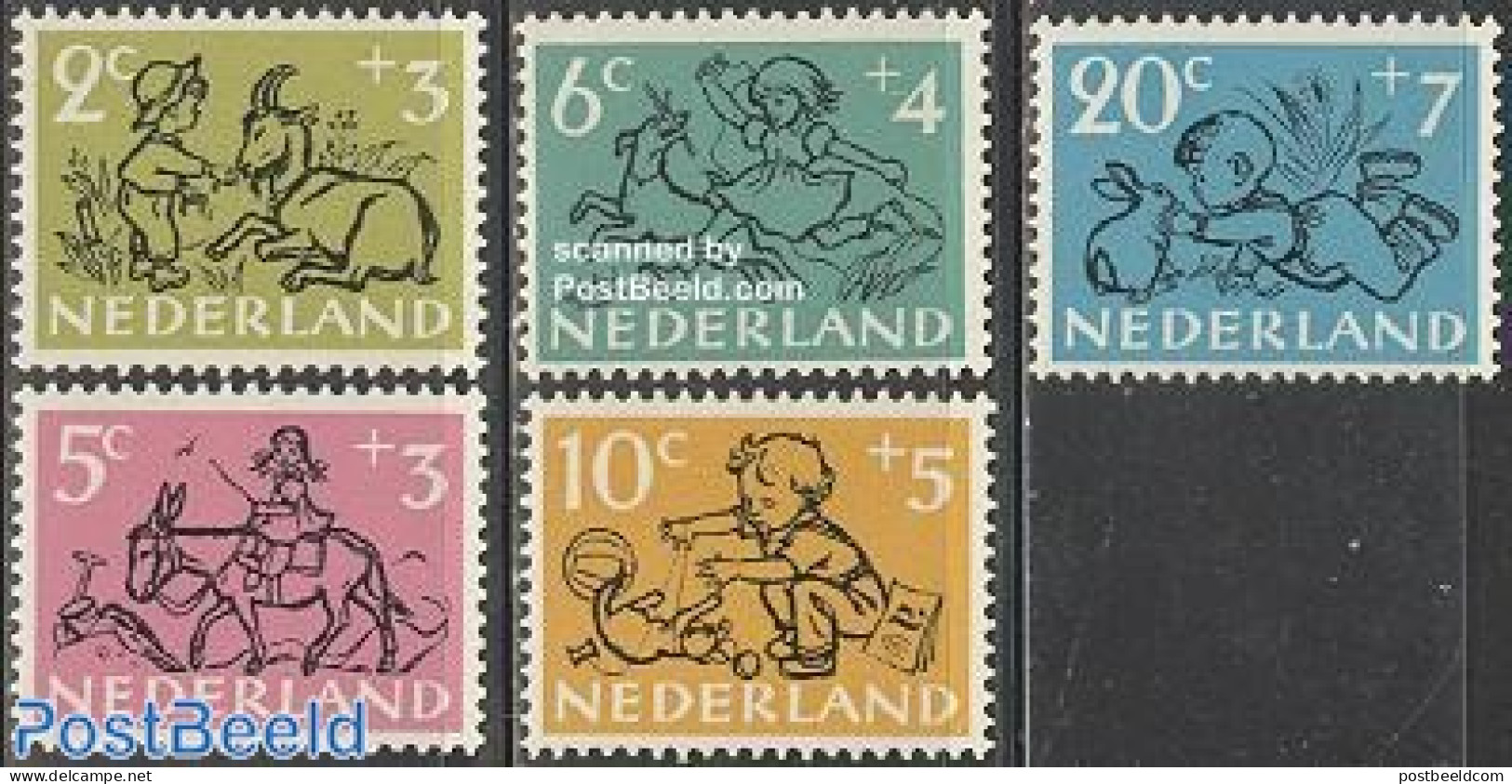 Netherlands 1952 Child Welfare 5v, Mint NH, Nature - Various - Cats - Dogs - Rabbits / Hares - Toys & Children's Games - Neufs
