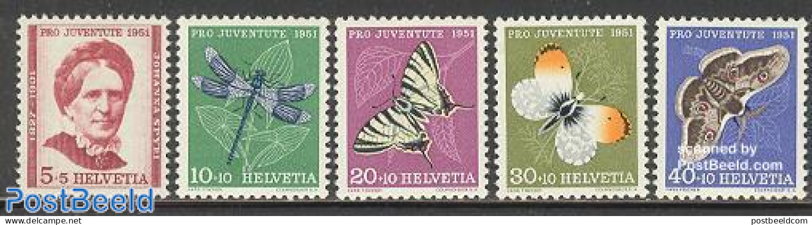 Switzerland 1951 Pro Juventute 5v, Mint NH, Nature - Butterflies - Insects - Art - Authors - Ongebruikt