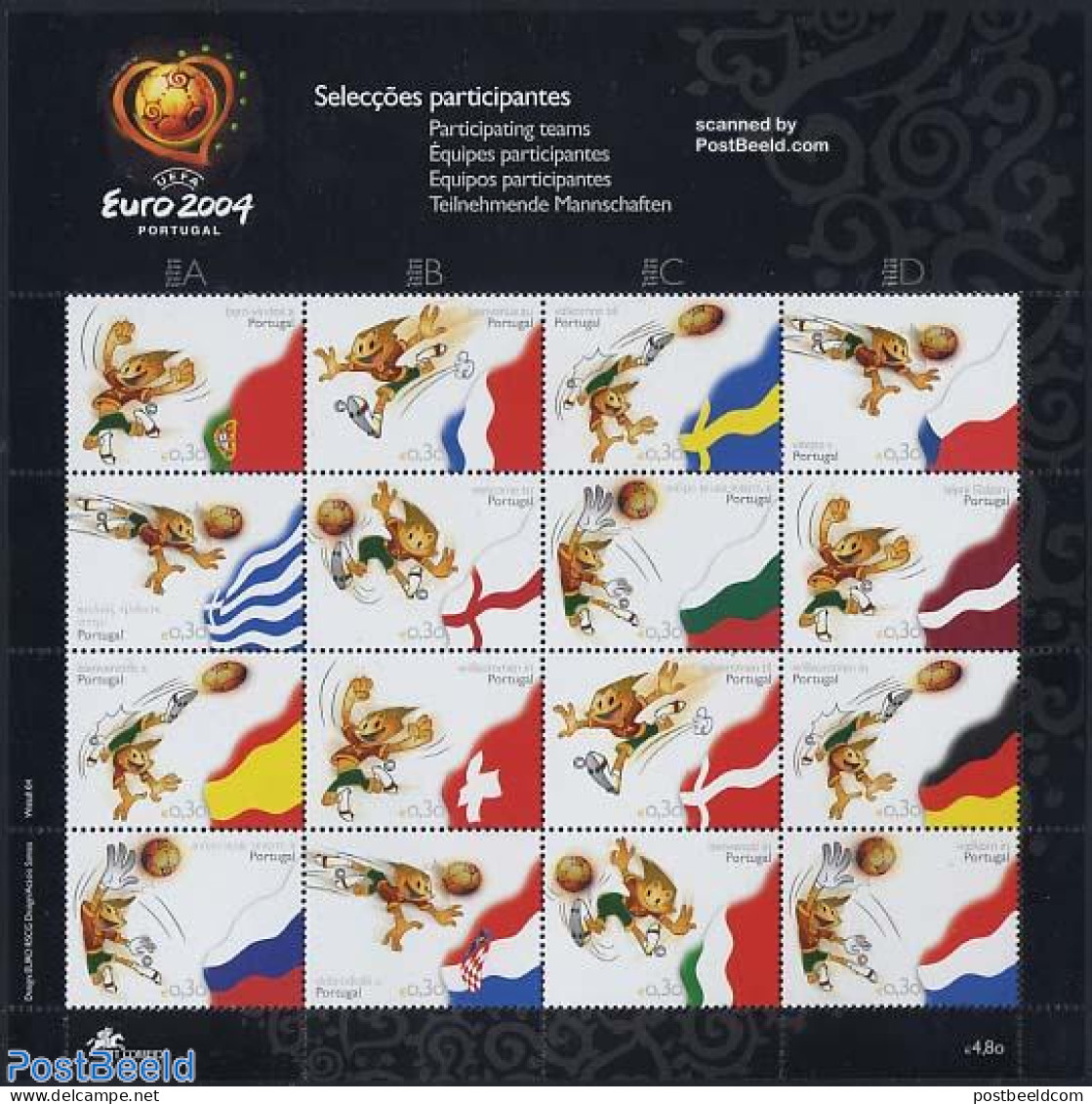 Portugal 2004 European Football Games 16v M/s, Mint NH, History - Sport - Flags - Football - Unused Stamps