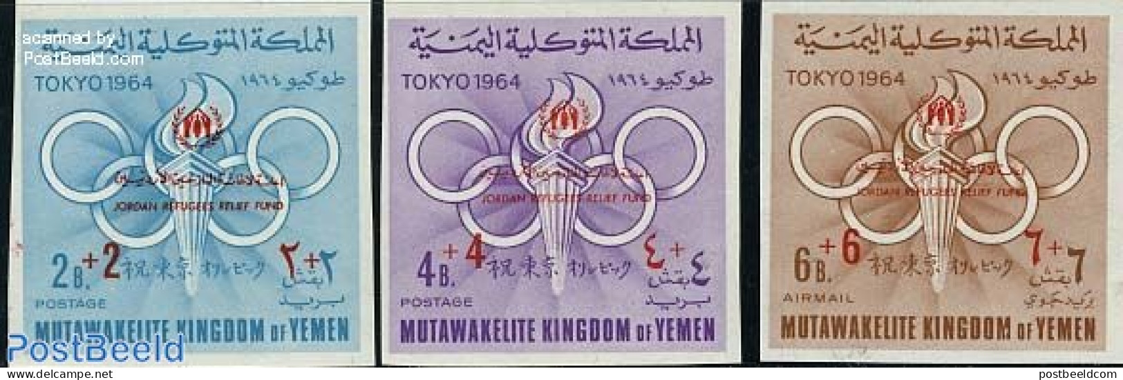 Yemen, Kingdom 1967 Refugees 3v Imperforated, Mint NH, History - Sport - Refugees - Olympic Games - Flüchtlinge