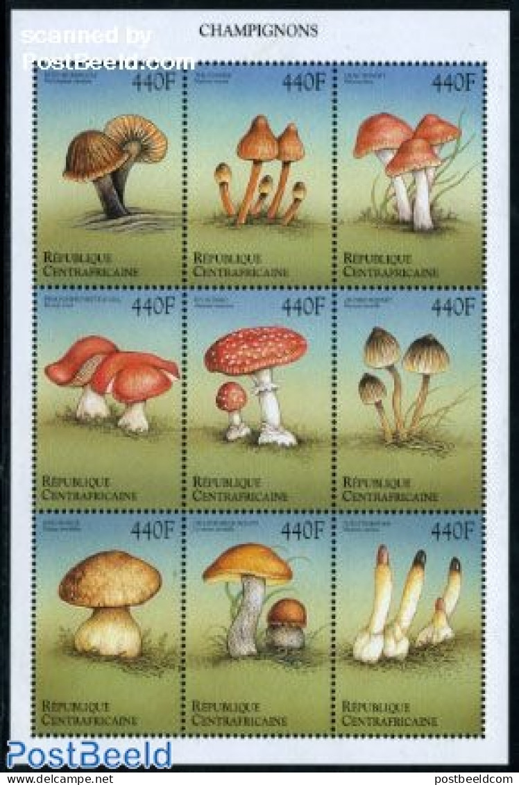 Central Africa 1999 Mushrooms 9v M/s (9x440F), Mint NH, Nature - Mushrooms - Mushrooms