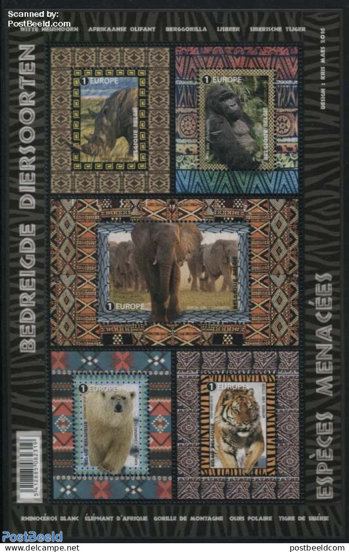 Belgium 2016 Endangered Animals S/s, Mint NH, Nature - Animals (others & Mixed) - Bears - Cat Family - Elephants - Mon.. - Unused Stamps