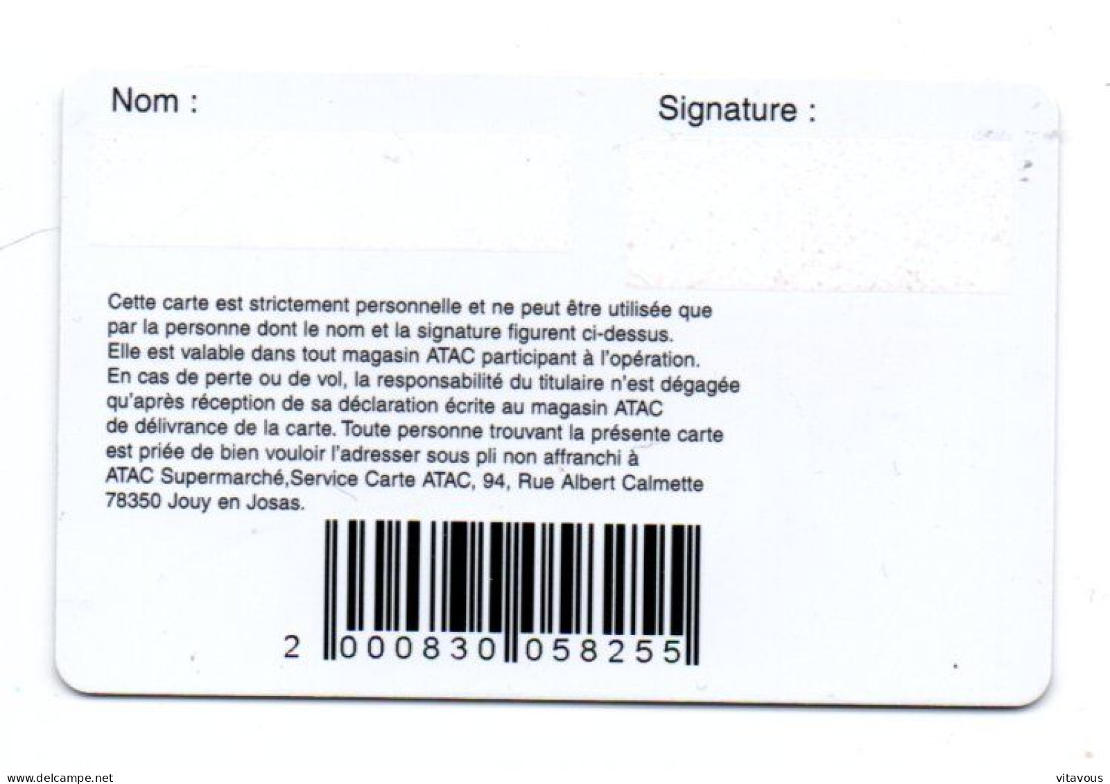 Carte Fidélité Nominative ATAC FRANCE Card  Karte (K 192) - Cartes De Fidélité Et Cadeau