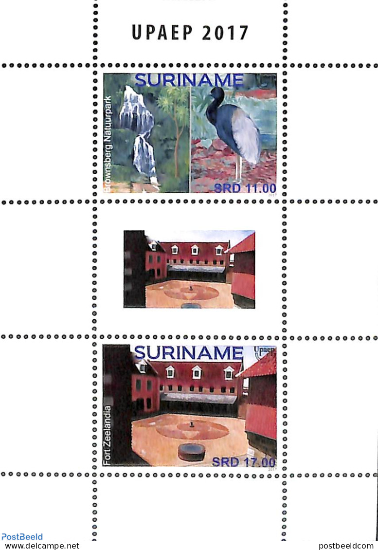 Suriname, Republic 2017 Upaep 2017 2v M/s, Mint NH, Nature - Various - Birds - Water, Dams & Falls - U.P.A.E. - Touris.. - Castillos