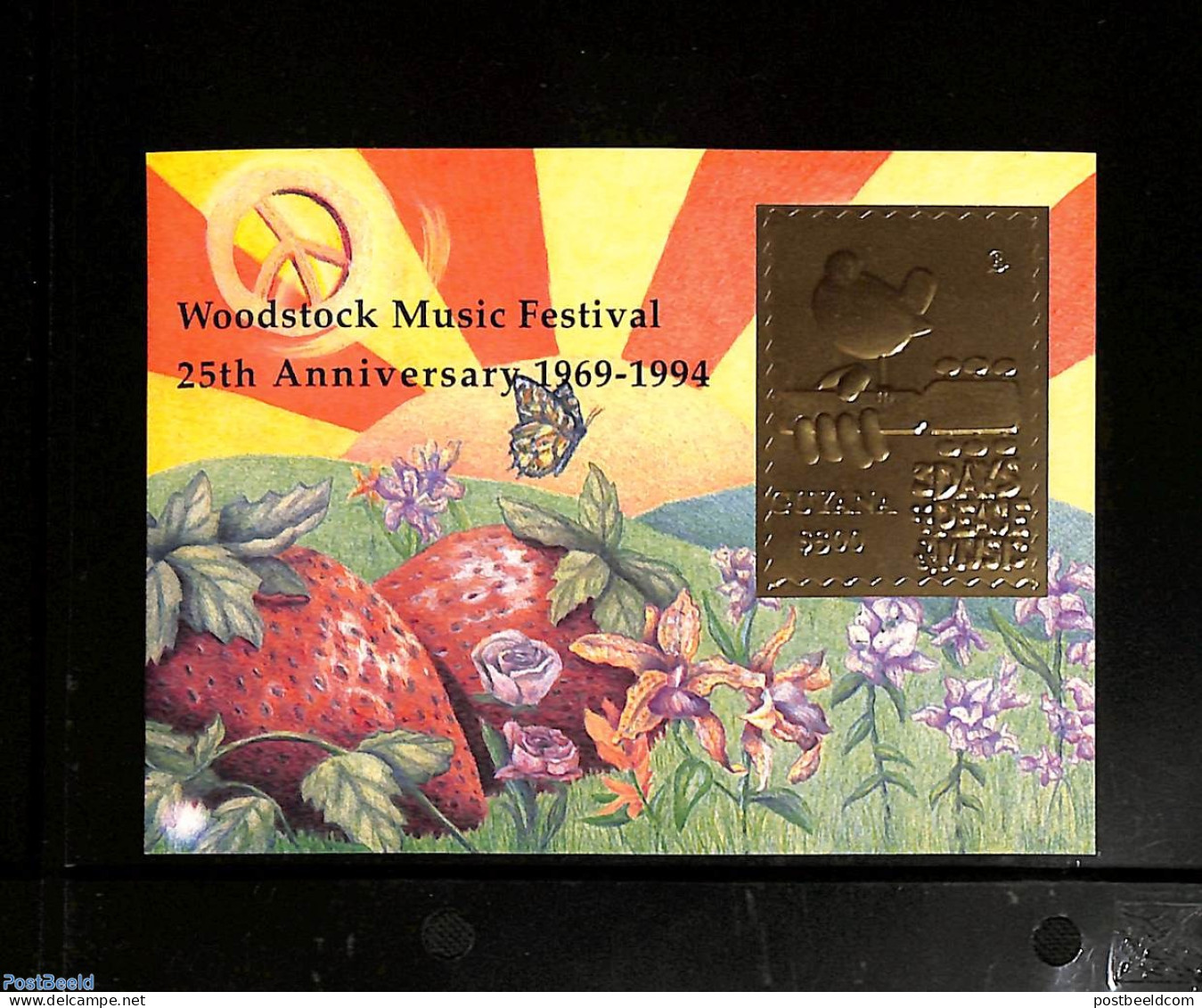 Guyana 1994 25 Years Woodstock Festival 1s/s, Gold, Mint NH, Nature - Performance Art - Birds - Orchids - Musical Inst.. - Música