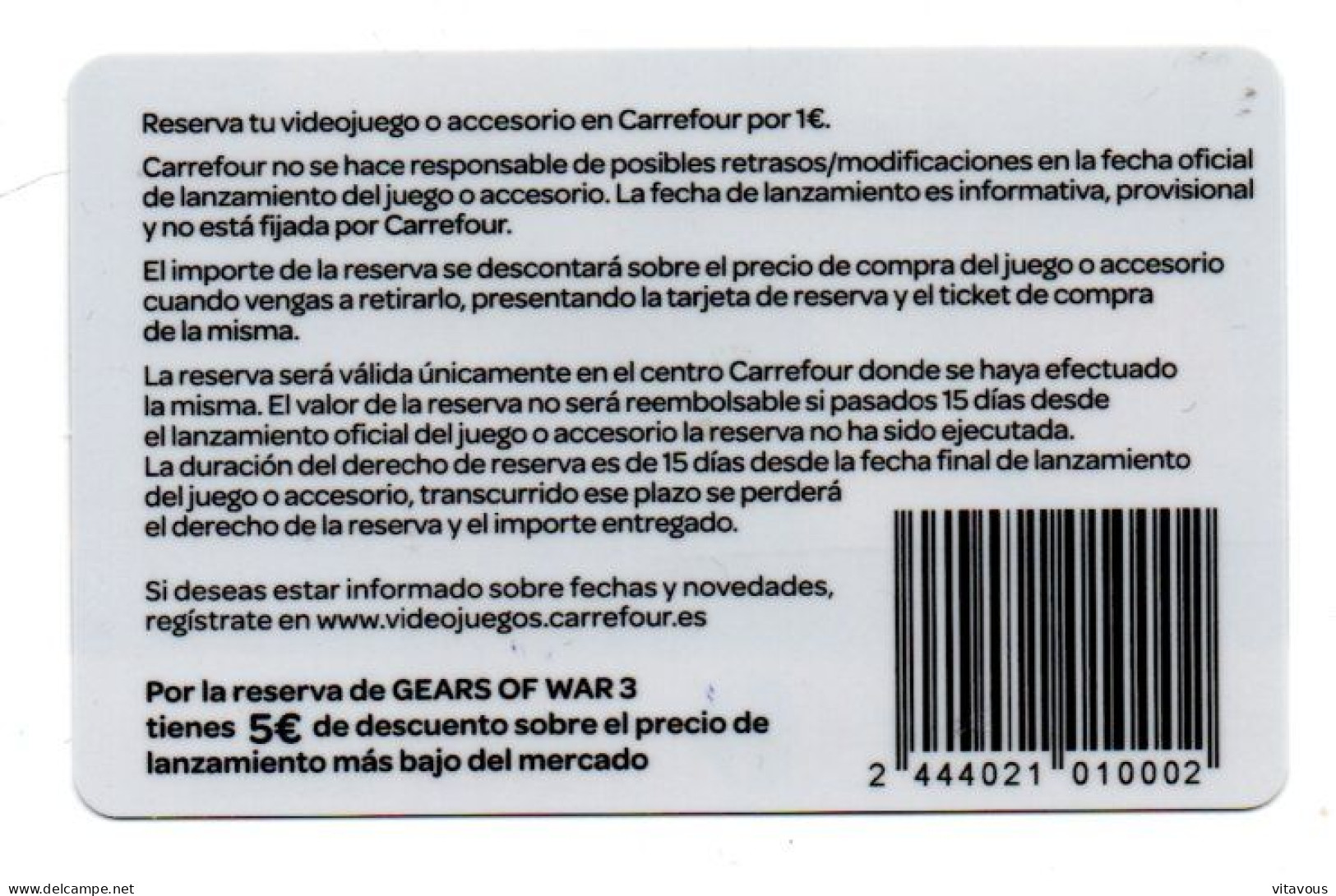 Carte Carrefour Vidéo GEARS OF WAR 3 Card  Karte (K 193) - Schede GSM, Prepagate & Ricariche