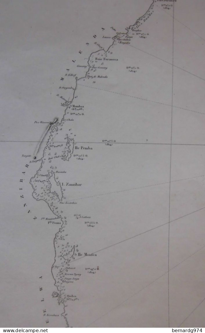 Canal du Mozambique Madagascar Comores  : très grande carte de 1838 au Dépôt général de la Marine