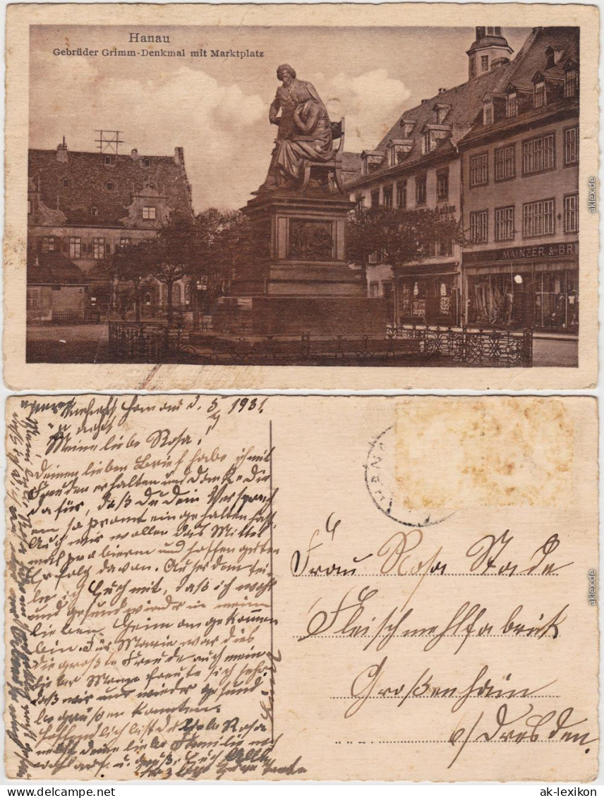 Hanau Marktplatz, Geschäfte Und Gebrüder Grimm Denkmal 1931  - Hanau