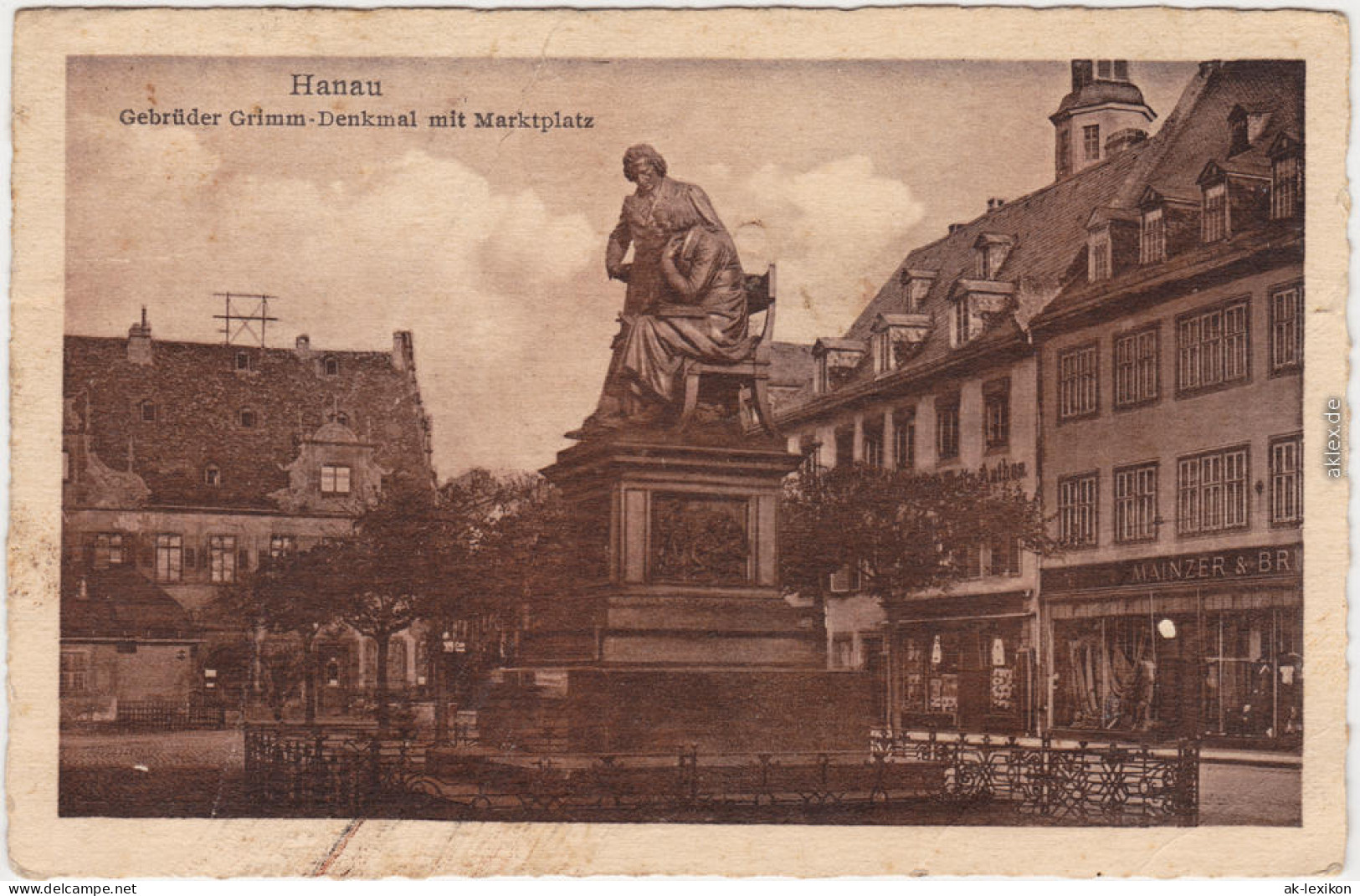 Hanau Marktplatz, Geschäfte Und Gebrüder Grimm Denkmal 1931  - Hanau