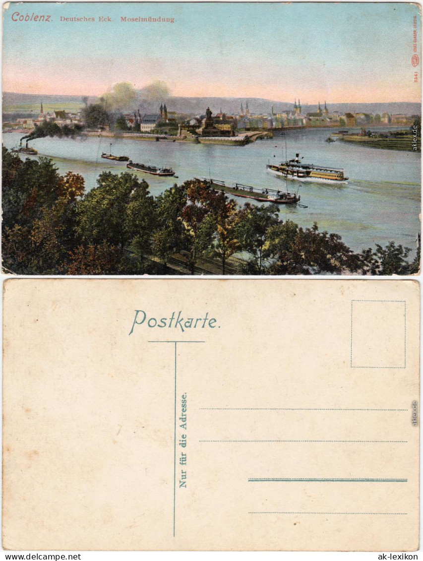 Ansichtskarte Koblenz Deutsches Eck, Moselmündung, Dampfer 1913 - Koblenz