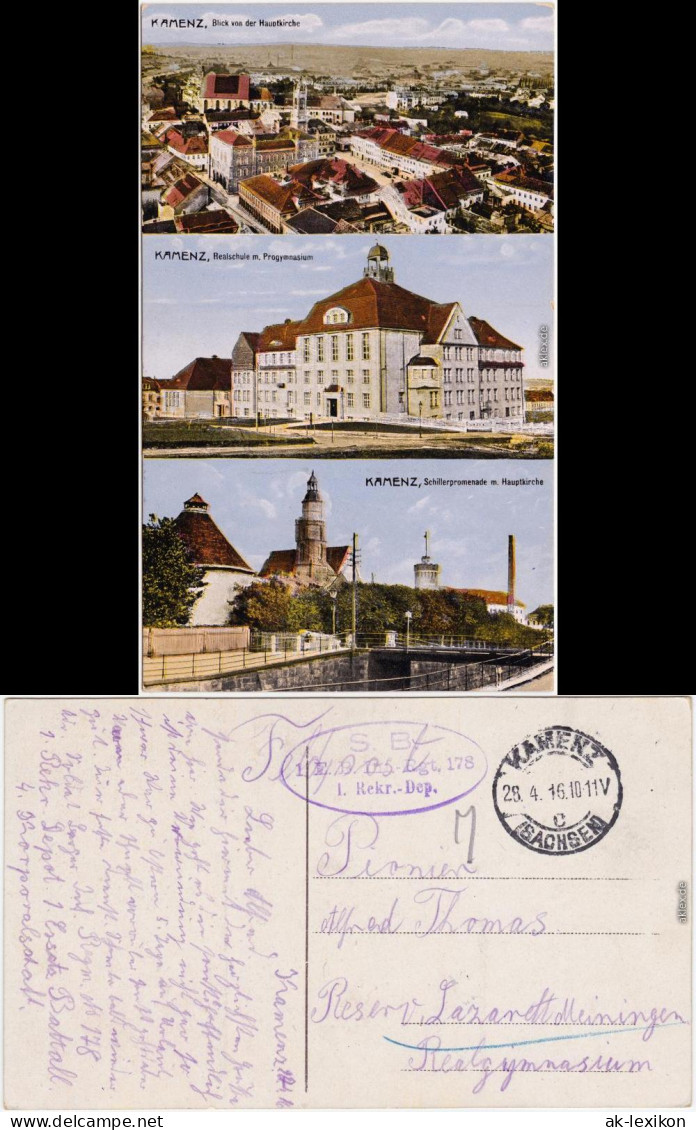 Kamenz  3 Bild Panorama, Lessingschule, Schillerpromenade Mit Hauptkirche 1916 - Kamenz