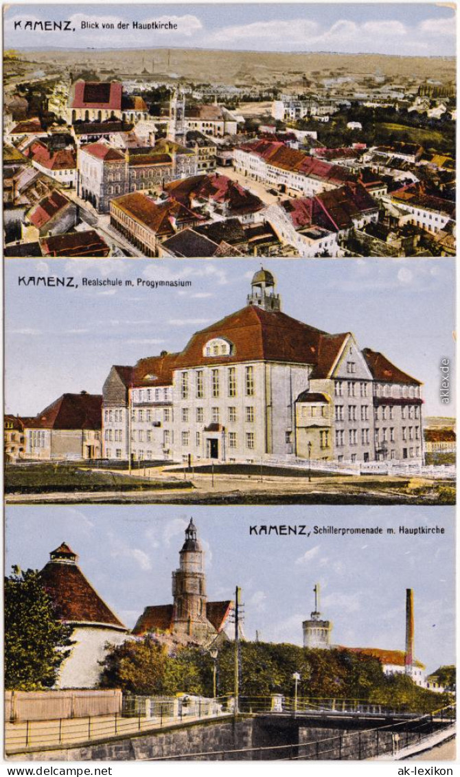 Kamenz  3 Bild Panorama, Lessingschule, Schillerpromenade Mit Hauptkirche 1916 - Kamenz