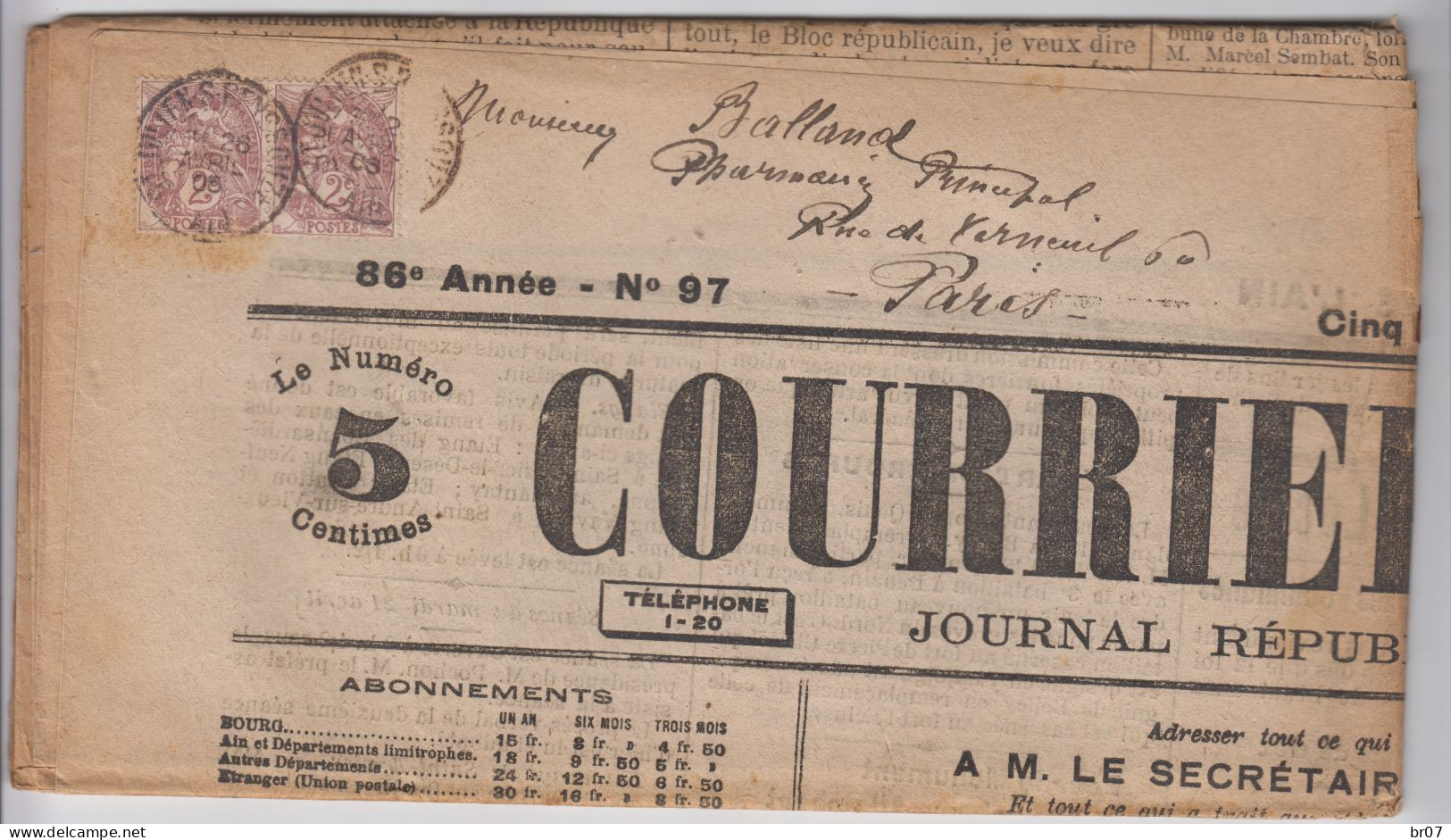 AIN JOURNAL MERCREDI 16 MAI 1906 COURRIER DE L'AIN TARIF 4C TYPE BLANC N°108 X 2 OBLIT T84 ST JULIEN DE REYSSOUZE - Zeitungsmarken (Streifbänder)