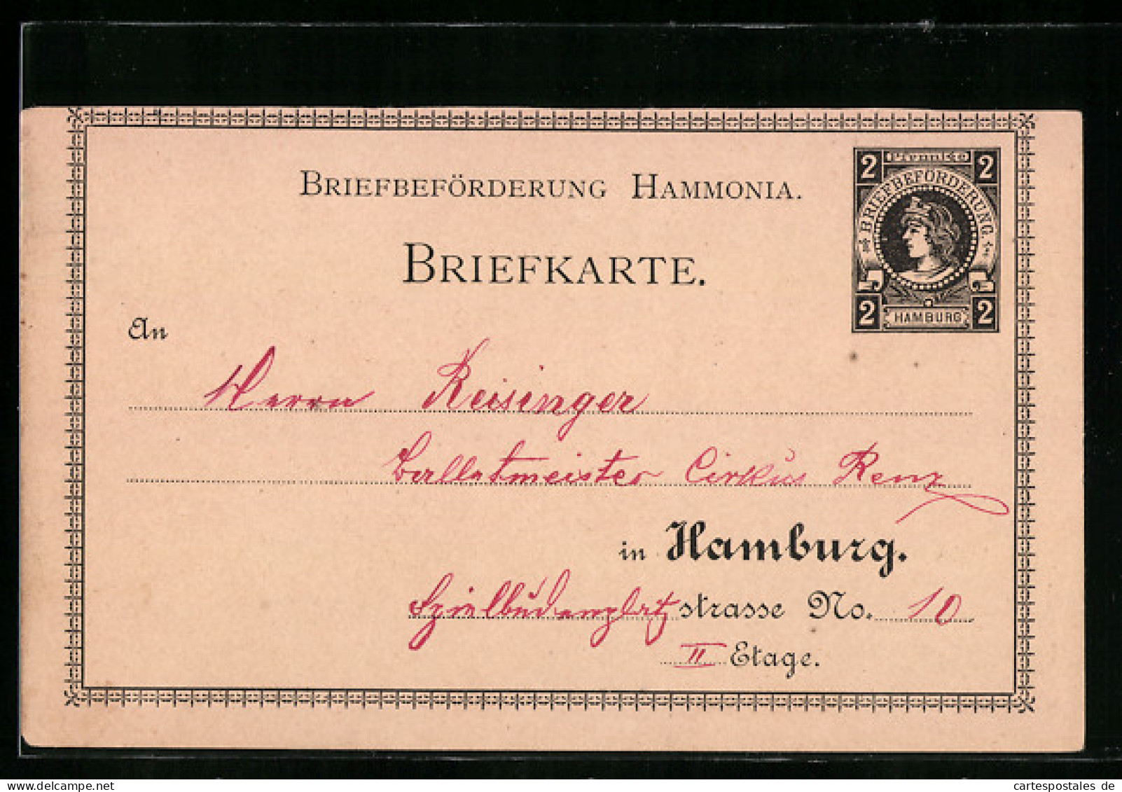 AK Briefkarte, Briefbeförderung Hammonia Hamburg, Ganzsache  - Timbres (représentations)
