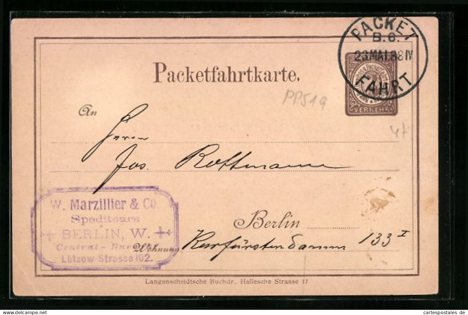 AK Packetfahrtkarte, 1888, Berliner Packetfahrt AG, Ganzsache  - Stamps (pictures)