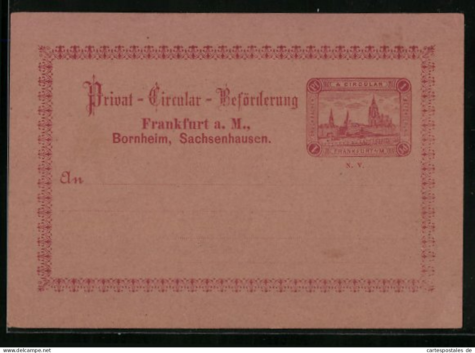 AK Privat-Circular-Beförderung, Frankfurt A. M., Bornheim, Sachsenhausen, Ganzsache  - Timbres (représentations)