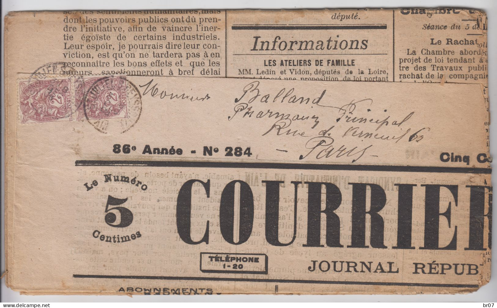 AIN JOURNAL VENDREDI 19 JUIN 1903 COURRIER DE L'AIN TARIF 4C TYPE BLANC N°108 X 2 OBLIT T84 ST JULIEN DE REYSSOUZE - Zeitungsmarken (Streifbänder)